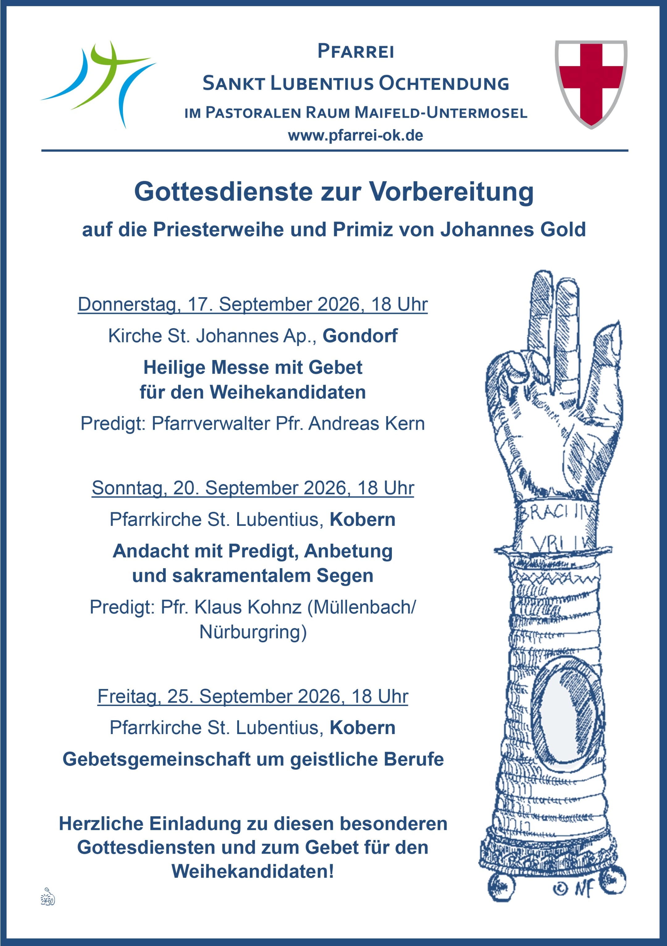 Zu sehen ist in Blau gehalten eine erhobene Hand und die Termine zu Gottesdiensten