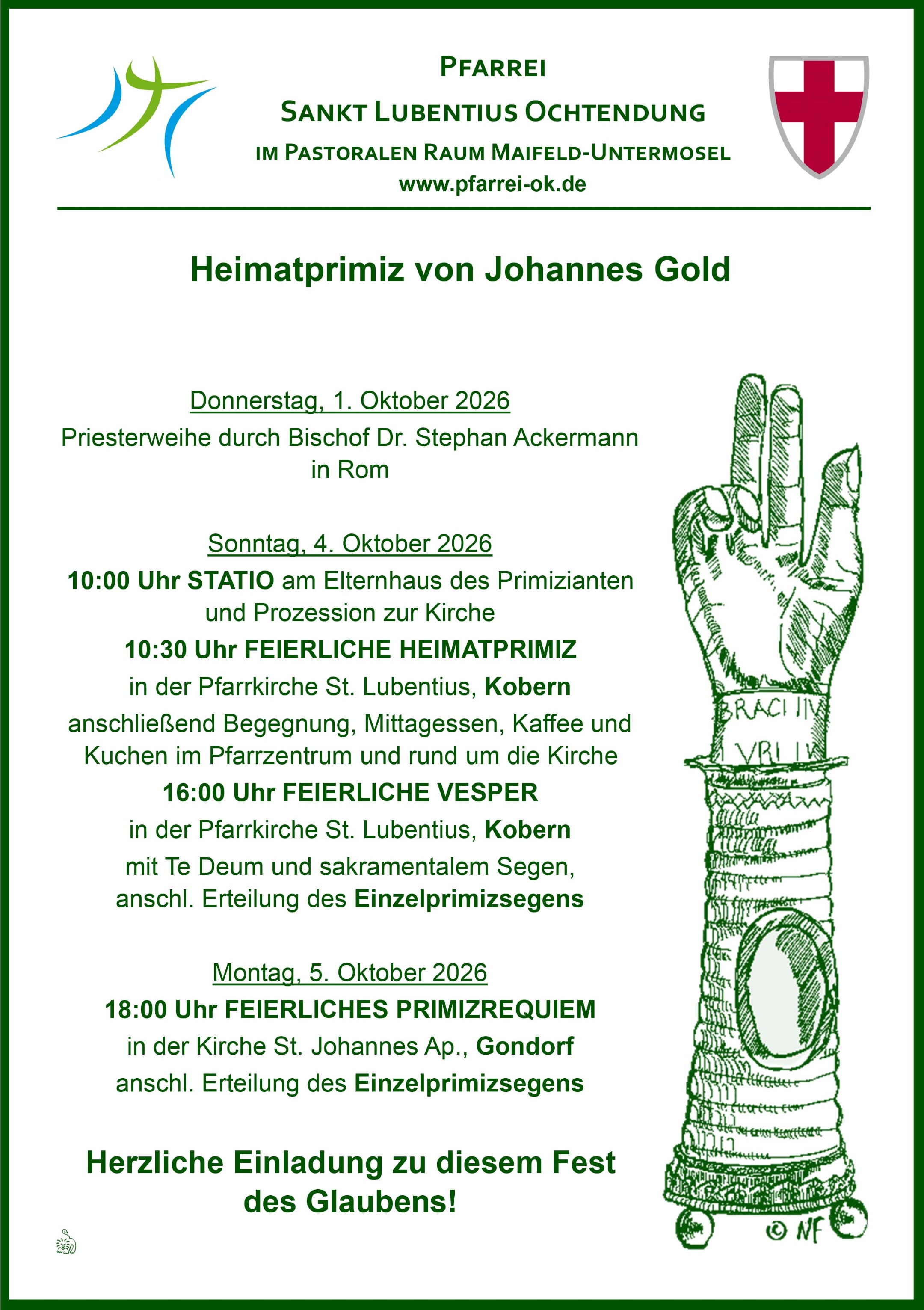 Zu sehen ist eine erhobene Hand in grünem Farbton mit den Terminen für die Heimatprimiz von Johannes Gold