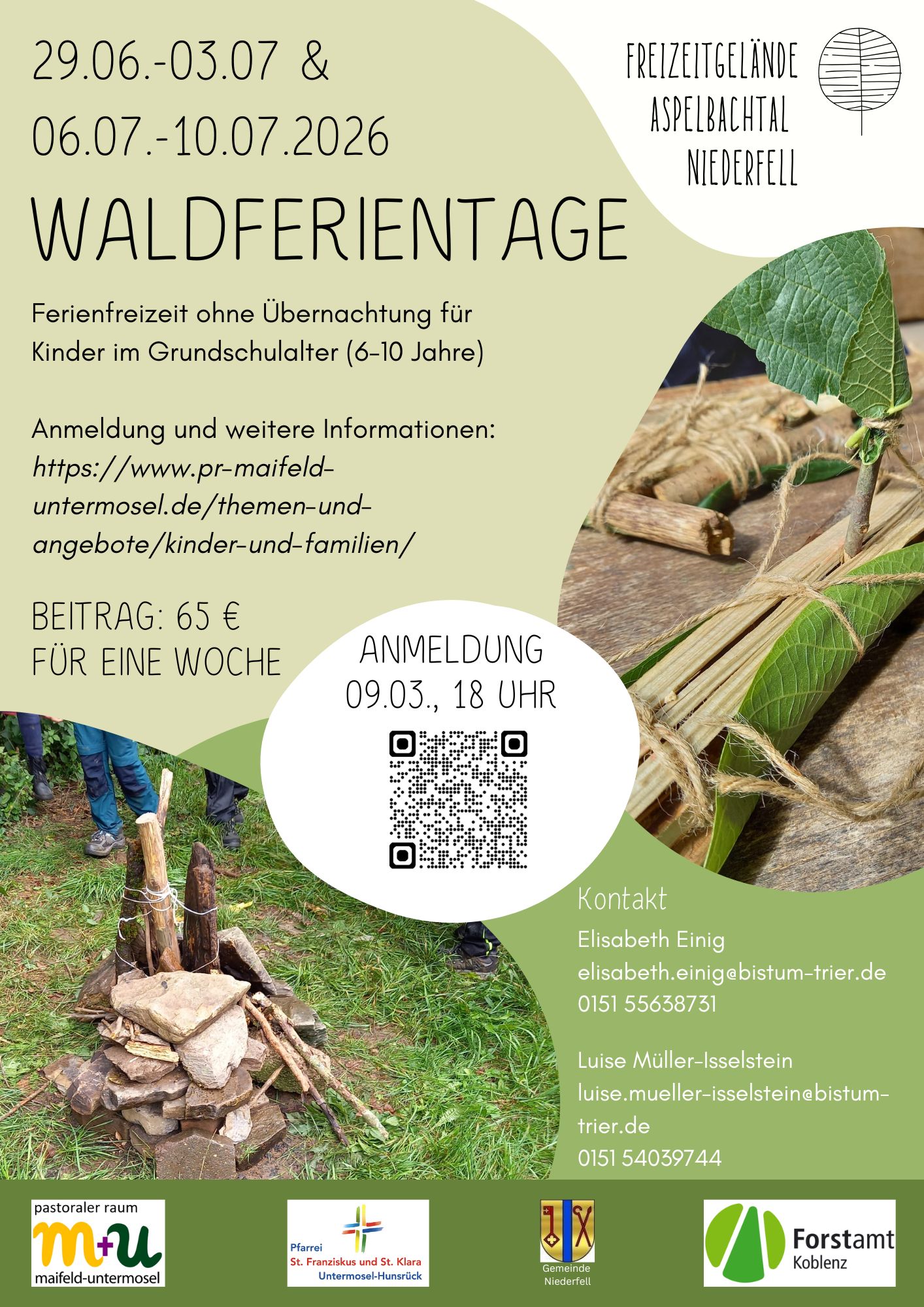 Flyer mit Informationen zu den Waldferientagen 2026 und QR-Code zur Anmeldung